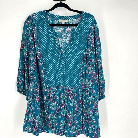 Woman Within Women's Floral Polka Dot V-Neck 3/4 Sleeve Blouse Top Blue Size 2X - Picture 1 of 9